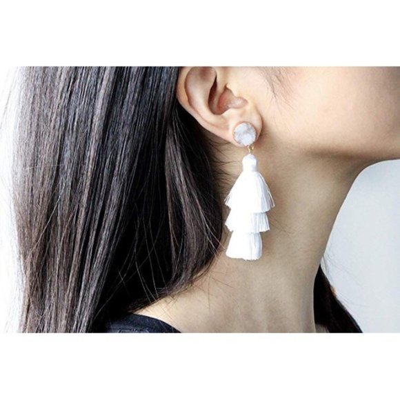 Boho Chic White Druzy Tassel Earrings - Picture 2 of 4